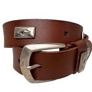 Vintage Brown Leather Belt Brass Buckle Studded Preppy Y2K Women S 27 Equestrian